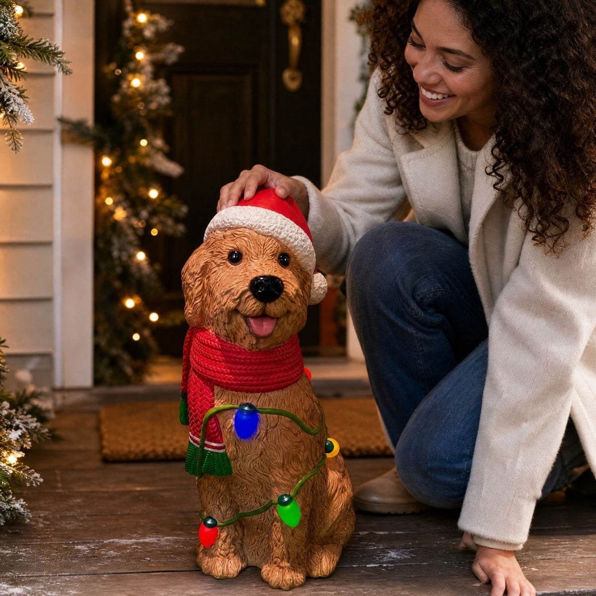 Luckky Lighted Christmas Dog Resin Statue, Santa Hat and Scarf Dog Figurine, 7.87 Inch, Multi-Color LED Lights, Indoor Outdoor Holiday Decor