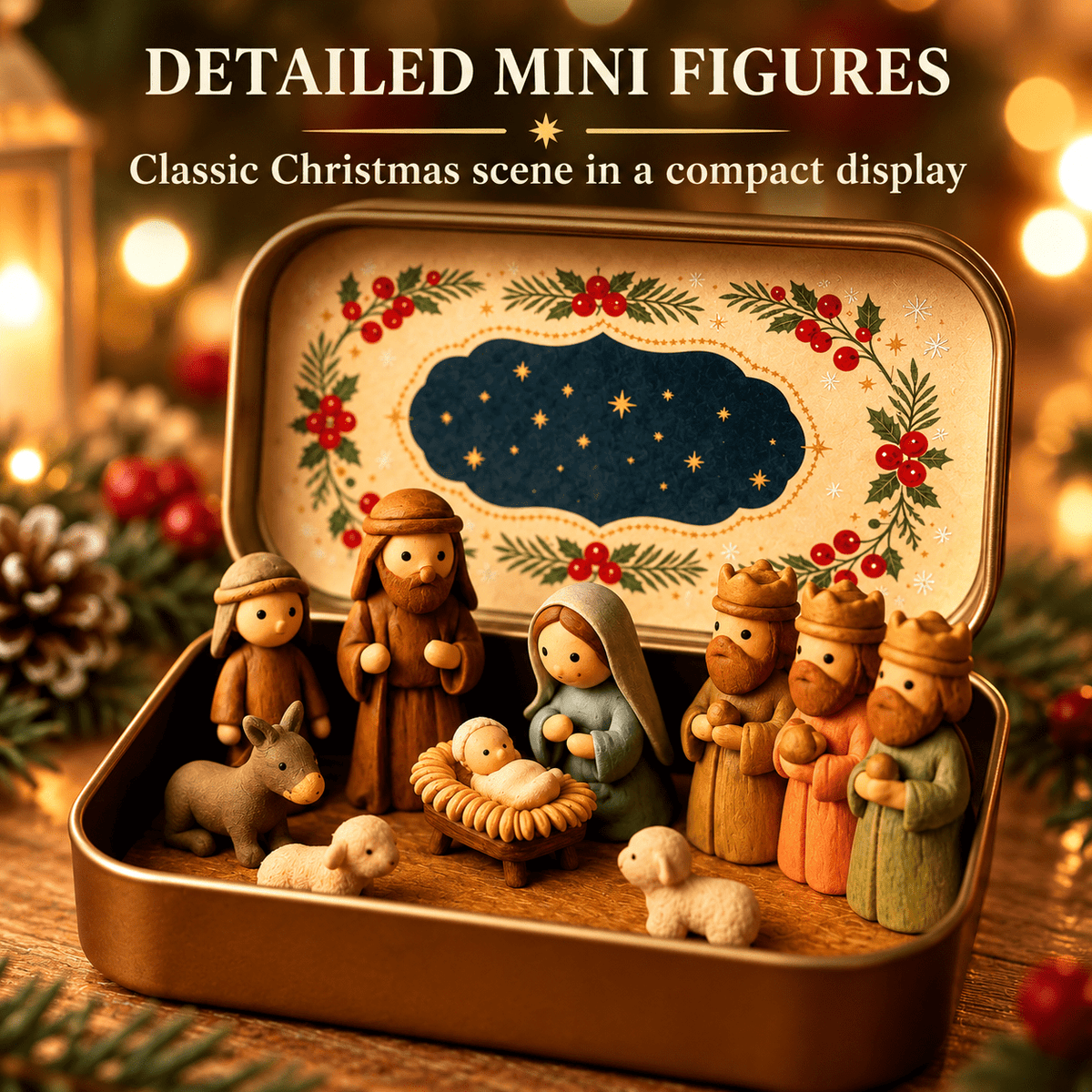 Christmas Nativity Scene in a Tin Mini Manger Scene Portable Tin Box Tabletop Decor for Mantel Shelf Fireplace Desk Holiday Decoration
