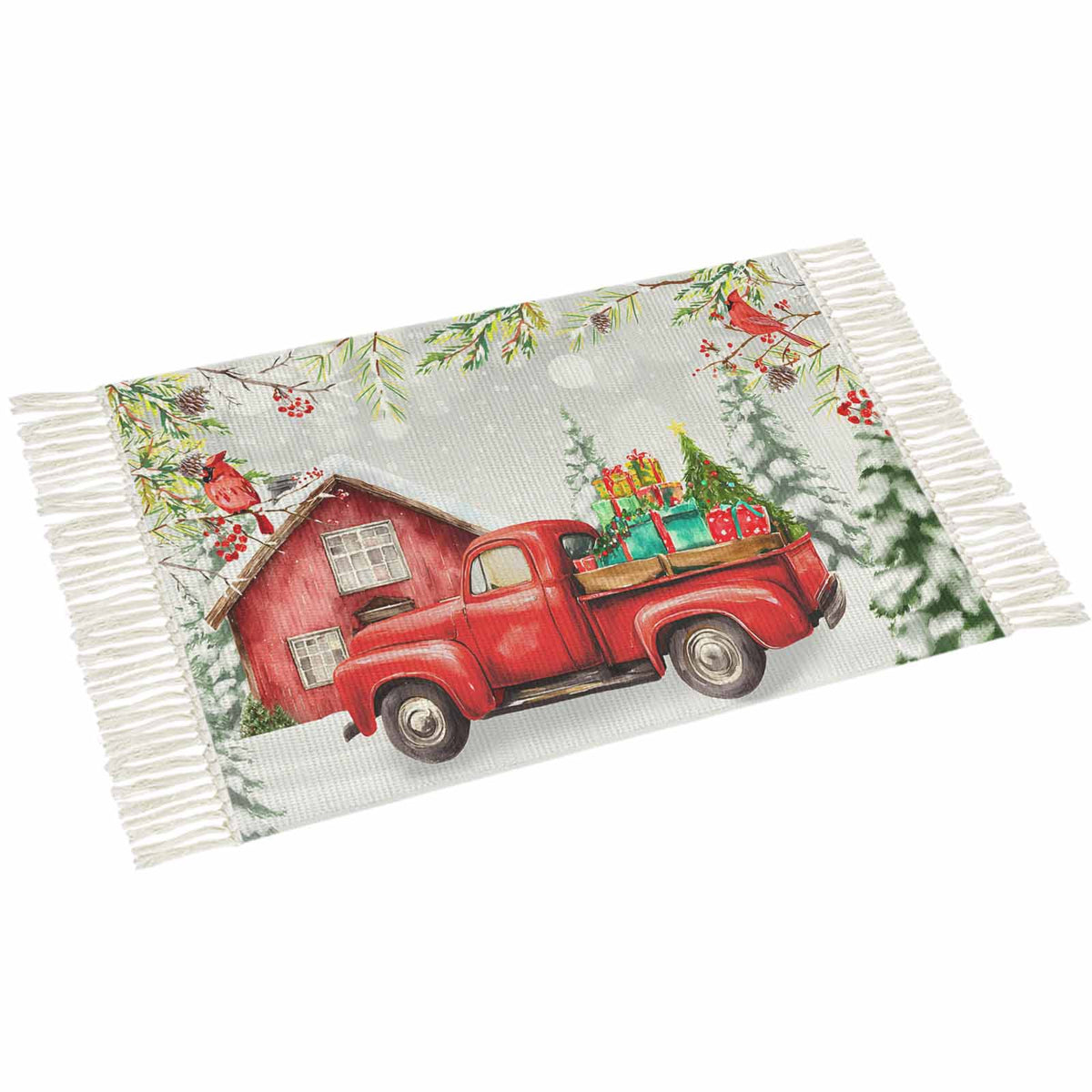 Christmas Truck Large Area Rug 4x6ft Woven Runner Rug,Xmas Trees Red Birds Snowflake Winter Gift Living Room Bedroom Kitchen Bathroom Classroom Carpet with Tassels,Indoor Outdoor Throw Door Mat