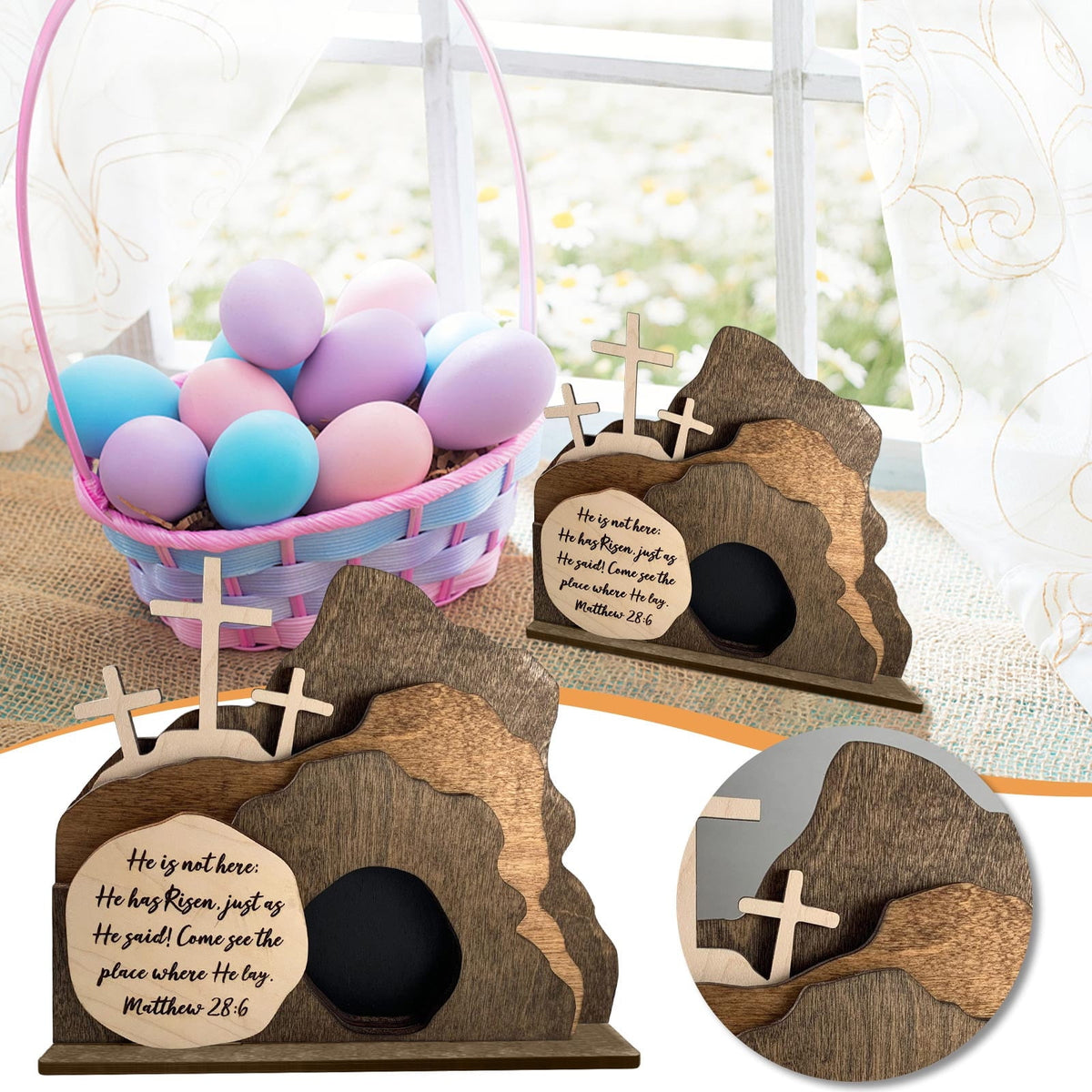 Hvmvliv Wooden Nativity Scene Decor Desktop Christmas Decorations Wooden Easter Resurrection Scene for Home Office Decoration Brown