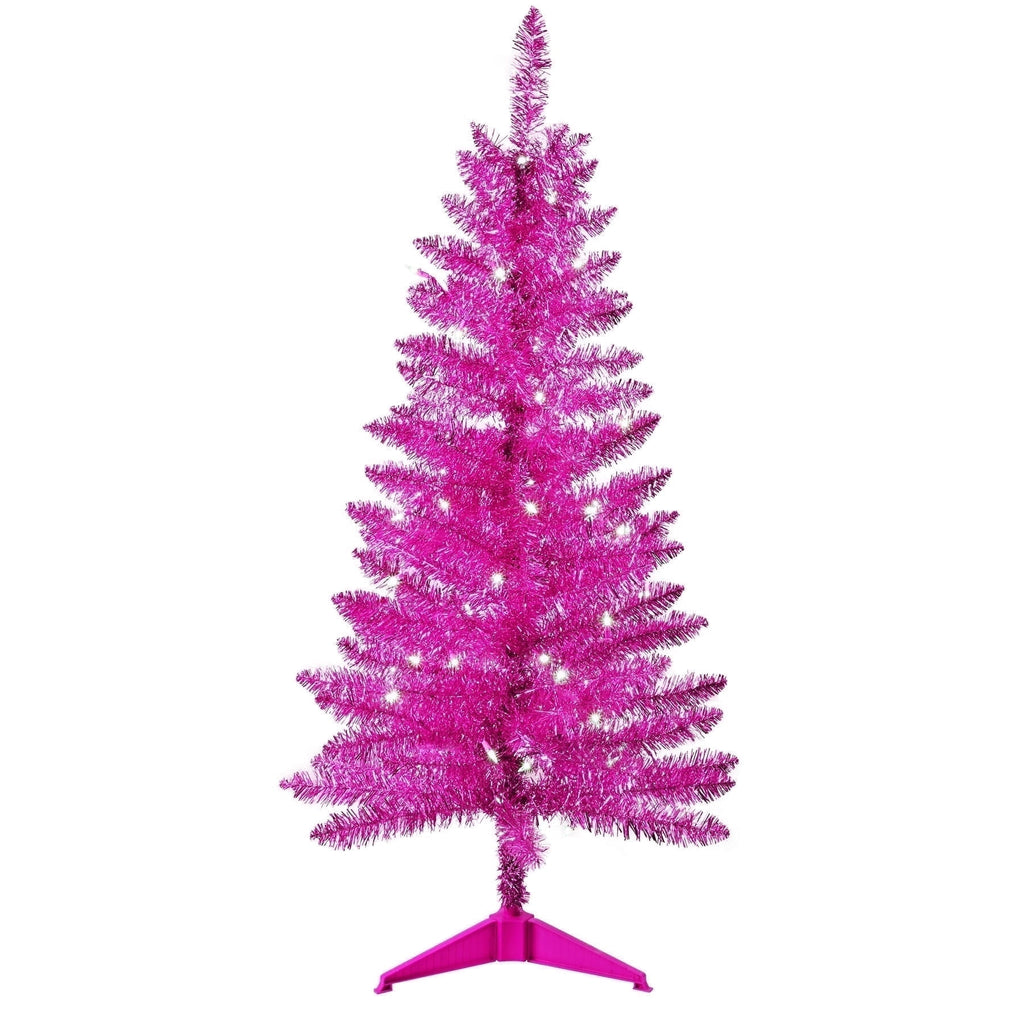 Bringstar 4FT Silver Artificial Christmas Tree with 50 String Lights, Mini Tinsel Tree, Not Pre-Lit, for Halloween & Holiday Home & Office Décor