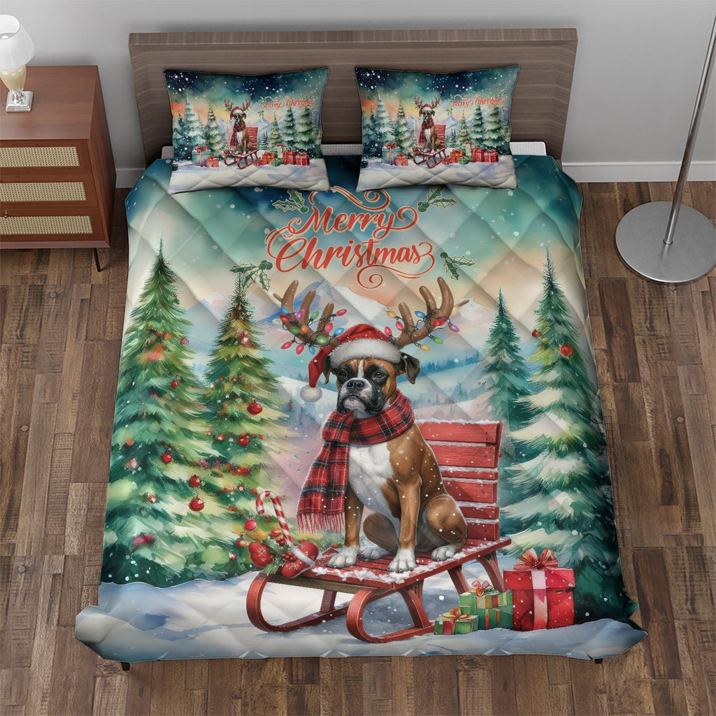 Merry Christmas Santa Reindeer Antlers French Bulldog Sleigh Xmas Winter Holiday Quilt Bedding Set Dog Lover Gifts 1 Blanket Bed Cover 2 Pillowcases - 00023