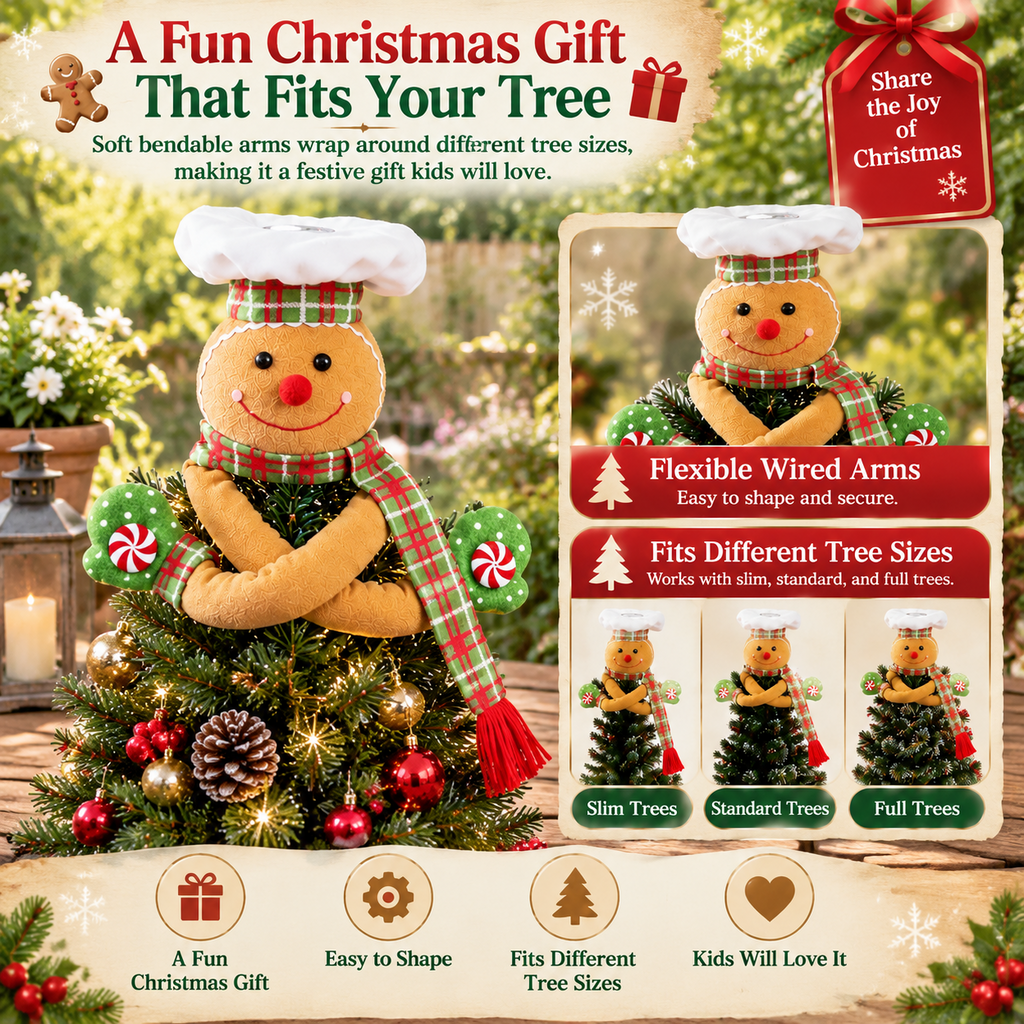 Gingerbread Man Christmas Tree Topper with Rotating LED Snowflake Projector, Green White