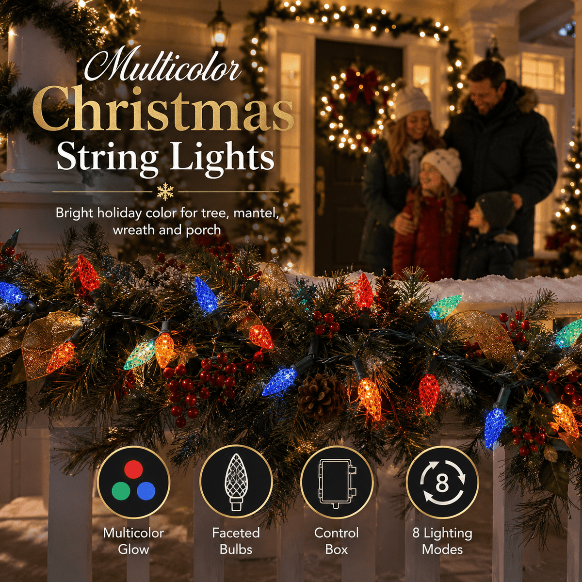 Multicolor C6 Strawberry Bulb Christmas Solar String Lights LED Waterproof Outdoor Decoration Lights for Garden Patio 16.4 FT 50 LED