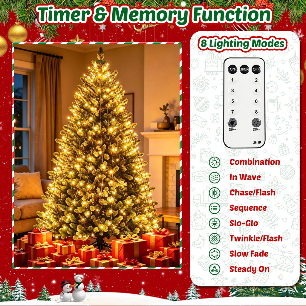 Christmas Tree Lights with Ring, 400 LED Cool White Tree Ring Light, 16 Strands 6.6FT Cascade with Remote & Timer for Indoor Xmas Tree Decor
