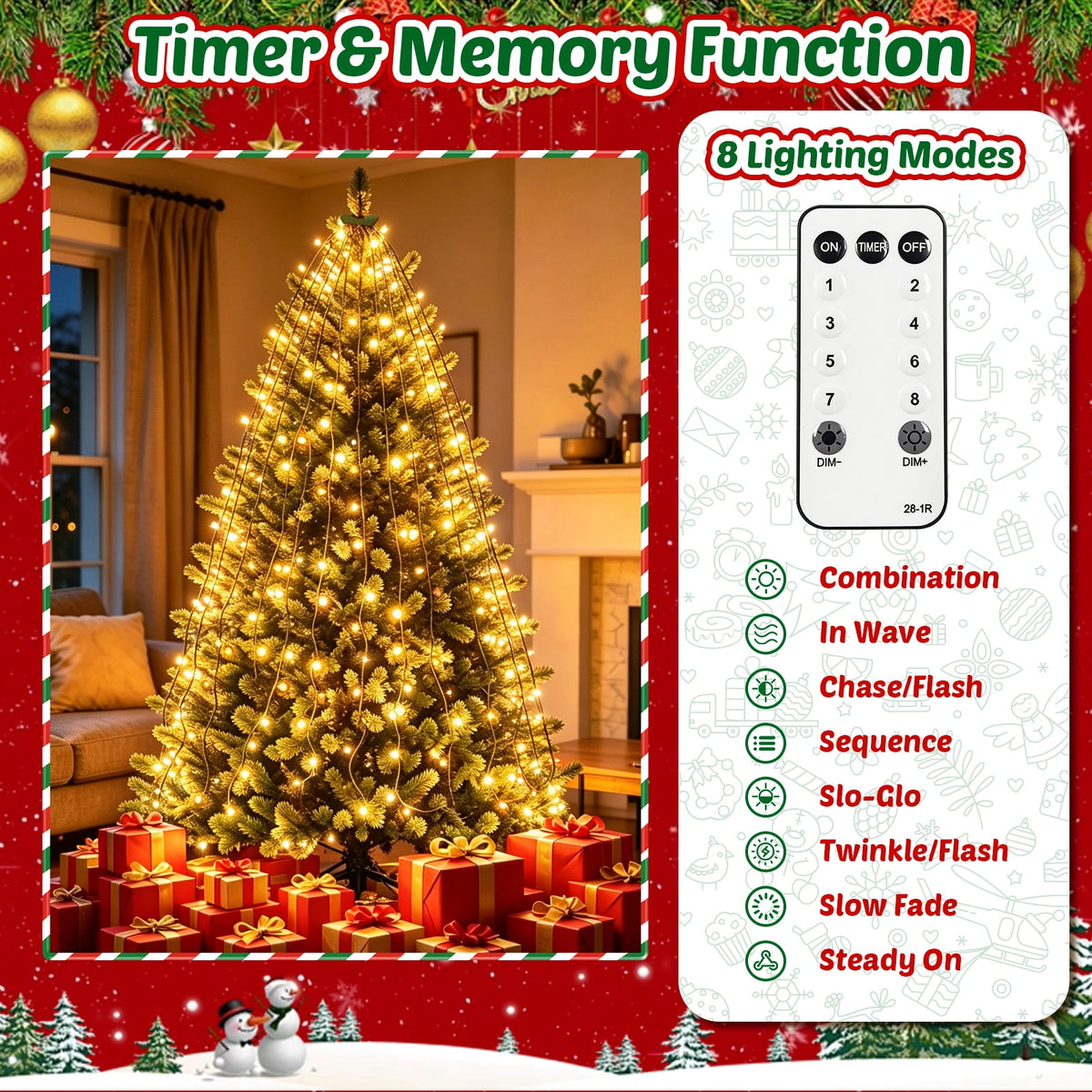 Christmas Tree Lights with Ring, 400 LED Cool White Tree Ring Light, 16 Strands 6.6FT Cascade with Remote & Timer for Indoor Xmas Tree Decor