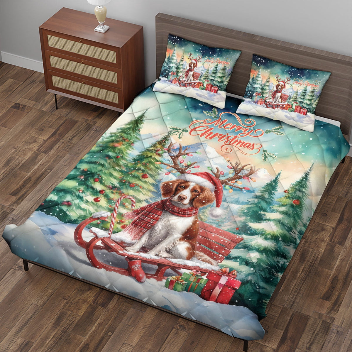 Merry Christmas Santa Reindeer Antlers French Bulldog Sleigh Xmas Winter Holiday Quilt Bedding Set Dog Lover Gifts 1 Blanket Bed Cover 2 Pillowcases - 00023