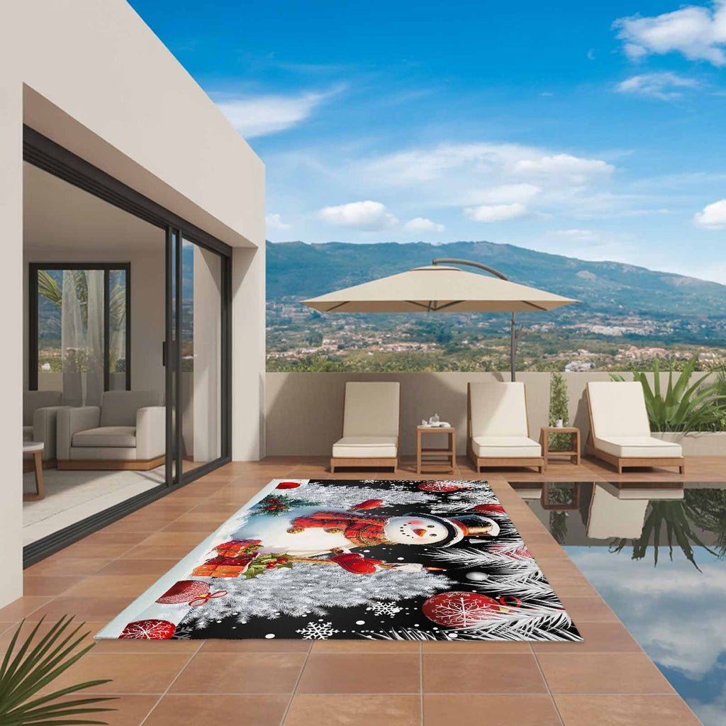 Grey Snowman Christmas Outdoor Rug for Patio/Deck/Porch, Non-Slip Large Area Rug 4 x 6 Ft, Xmas Tree Red Balls Snowflake Indoor Outdoor Rugs Washable Area Rugs, Reversible Camping Rug Carpet Runner