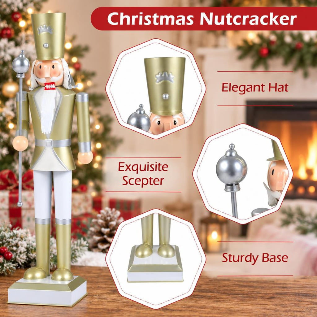 Airfind 32.5 Inch Christmas Nutcracker with High Hat and Beautiful Scepter-White & Golden, Metal Frame, 7.5" x 7.5" x 32.5" Footprint, White