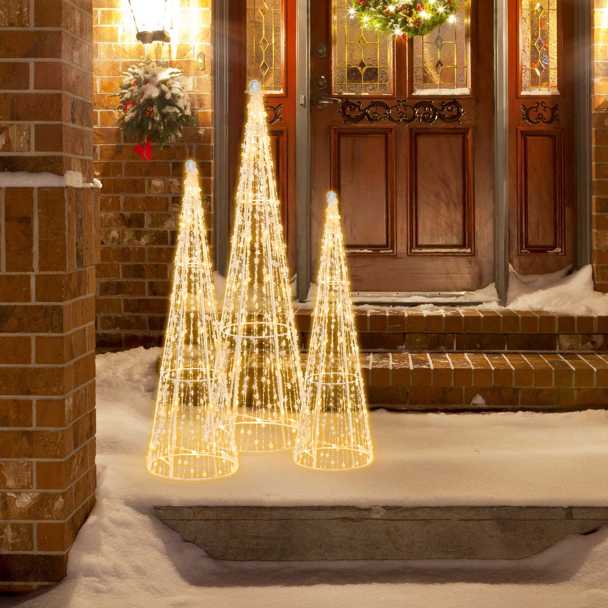 Costway Set of 3 Pre-lit Christmas Cone Trees Xmas Decoration with Star String & 90 Lights