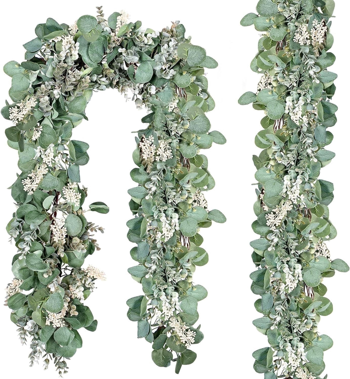 Scidweet Christmas Eucalyptus Garland, 2 Pcs 6.56 FT Artificial Greenery Garland Silver Dollar Leaves Boxwood Vines with White Buds for Home Wedding Party Table Mantle Xmas Decor