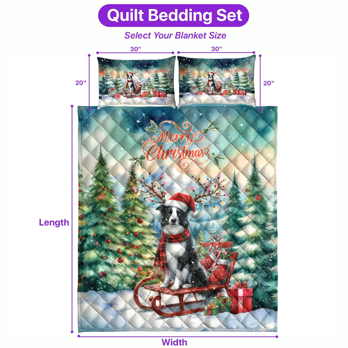 Merry Christmas Santa Reindeer Antlers French Bulldog Sleigh Xmas Winter Holiday Quilt Bedding Set Dog Lover Gifts 1 Blanket Bed Cover 2 Pillowcases - 00023