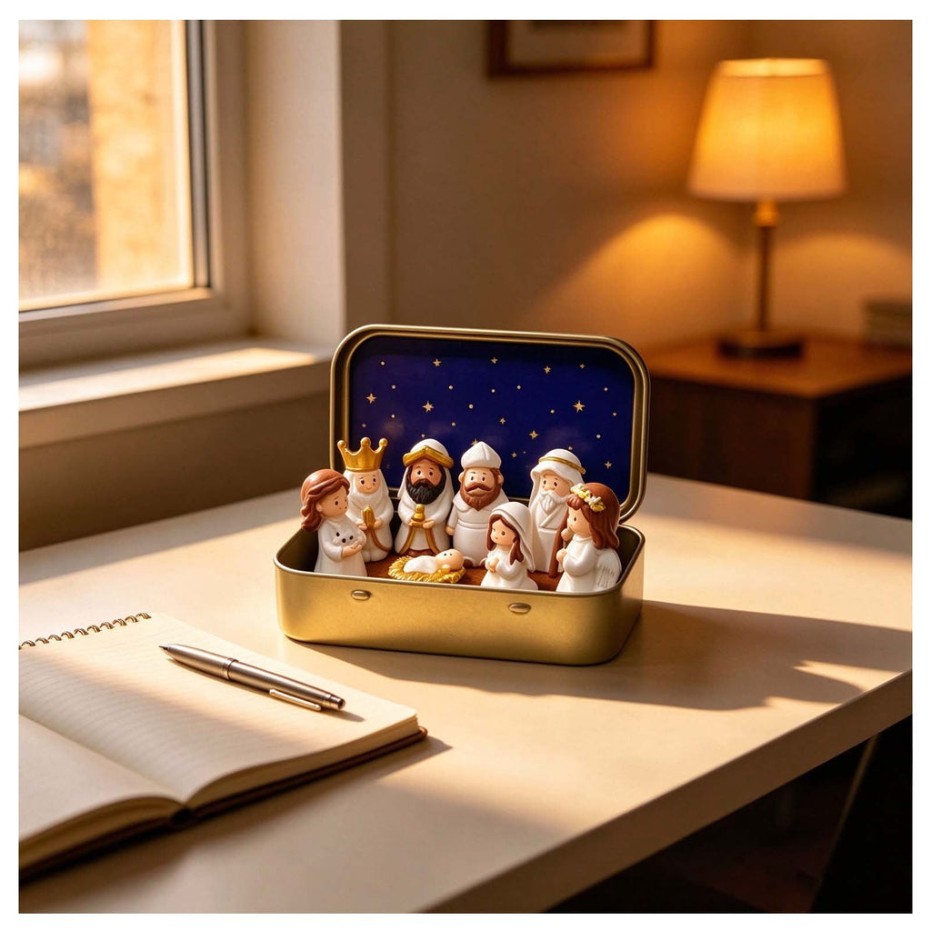 Mini Christmas Nativity Scene Set in a Tin Box Pocket Size Religious Catholic Jesus Holiday Desktop Ornament Decor Keepsake Stocking Stuffer Gifts