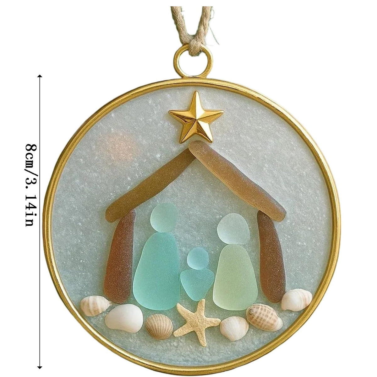 DAMAI Sea Glass Nativity Christmas Ornament,Hanging Sea Glass Nativity Christmas Tree Decoration,Coastal Inspired Sea Glass Nativity Ornament,Handmade Nativity Scene, with Shells and Starfish