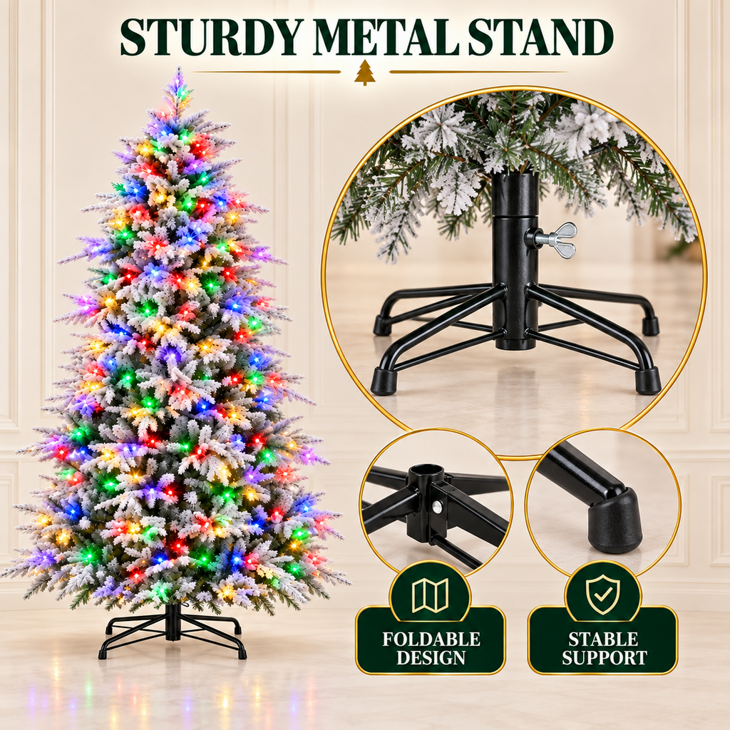 Vebreda 6ft Pre-Lit Flocked Artificial Aspen Noble Fir Christmas Tree with 1,350 Branch Tips & 300 LED Lights, Hinged Artificial Holiday Tree with Metal Stand