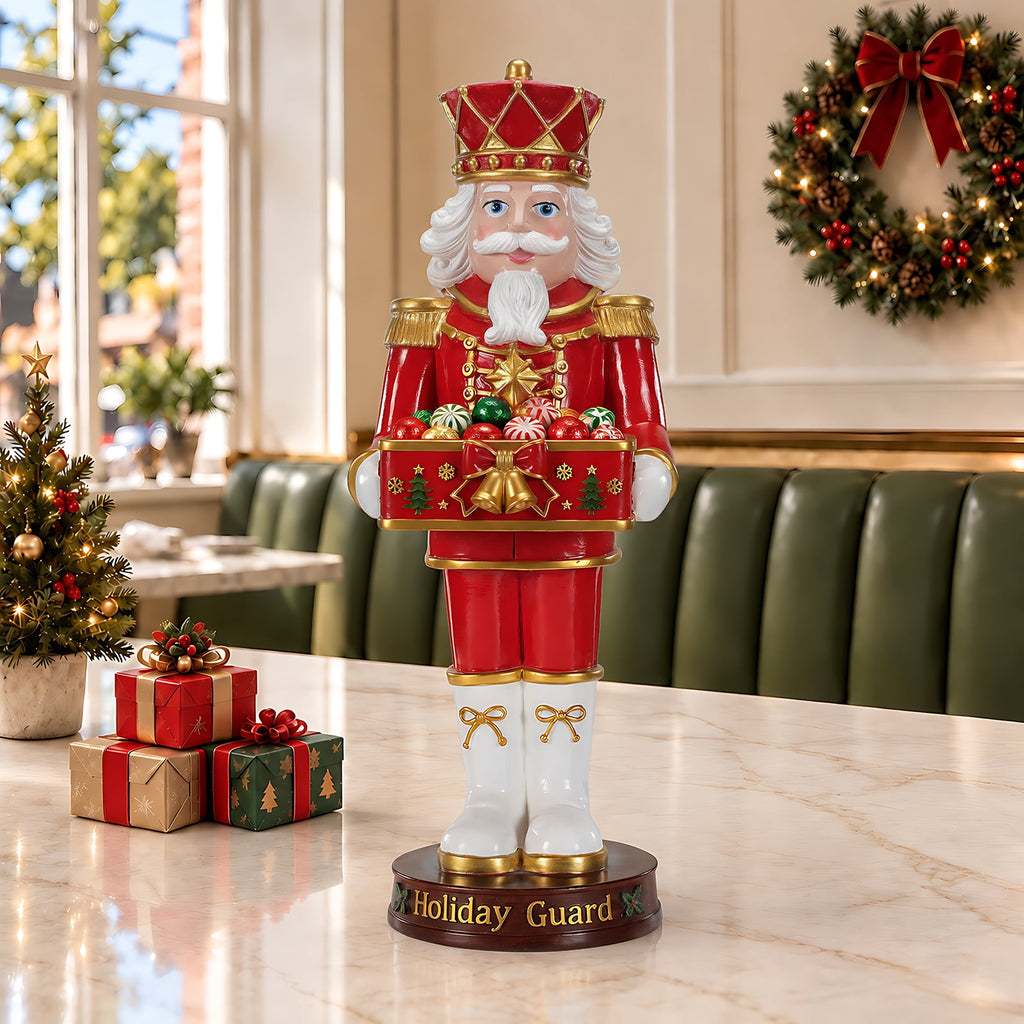 Christmas Nutcracker Soldier Statue with Serving Tray, Red & Gold Holiday Guard Figurine