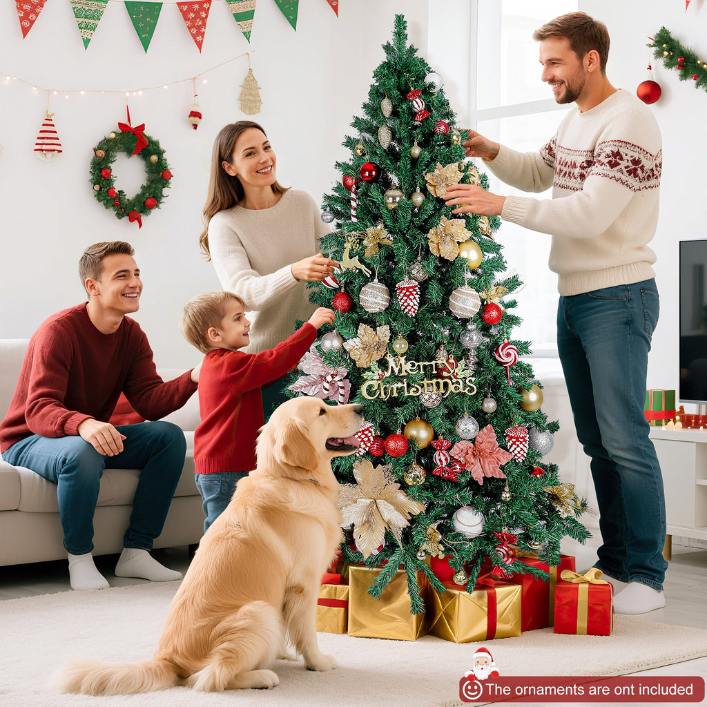 Aufeile 6ft Pencil Christmas Tree, Slim Pre-Lit Xmas Tree, 200 LED Lights, 600 Hinged Tips, Pine Cones, Berries, Metal Stand