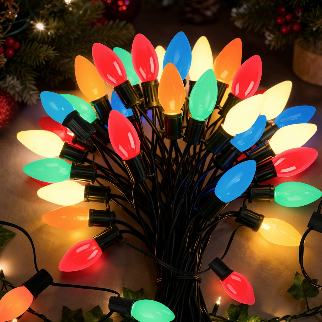 ALLJOY 2 Pack Total 51.5 Ft 40 Bulbs C9 Christmas Pathway Lights with Stakes, Outdoor Christmas String Lights,Christmas Decorations for Yard Walkway Sidewalk, Halloween& Christmas Lights