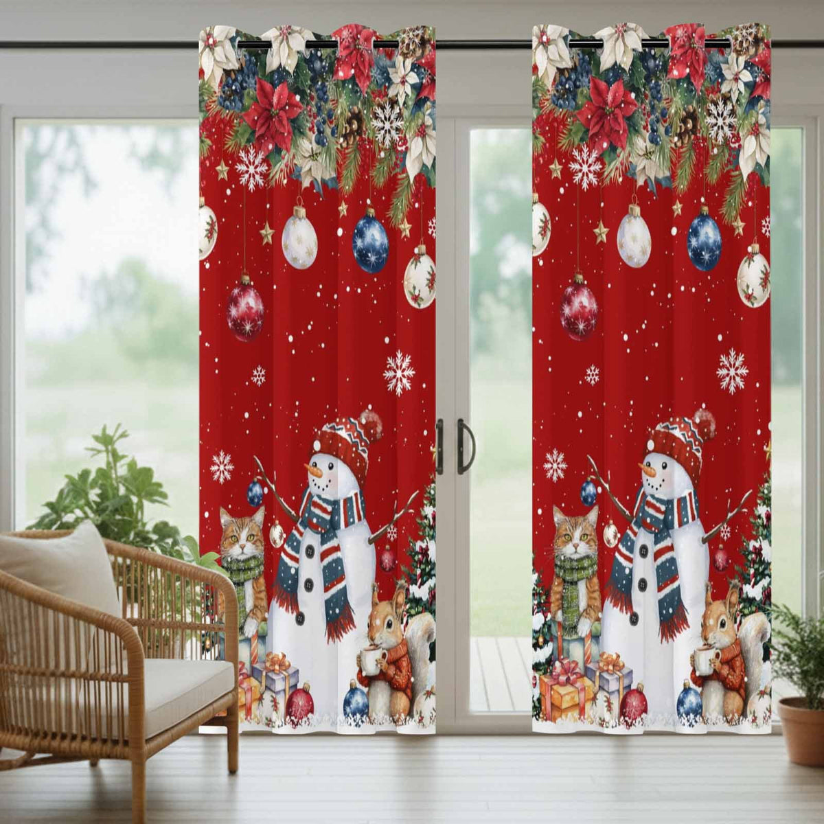 2 Panels Outdoor Curtains for Patio Waterproof 54"x84" Red Christmas Weatherproof Privacy Outsides Curtains, Snowman Poinsettia Pine Tree Squirrel Cat Grommet Thermal Drapes for Cabana Porch Pergola