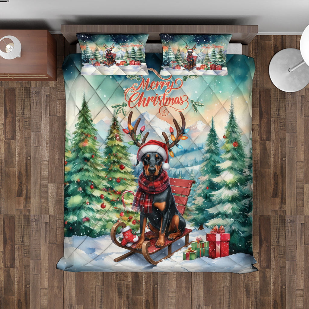 Merry Christmas Santa Reindeer Antlers French Bulldog Sleigh Xmas Winter Holiday Quilt Bedding Set Dog Lover Gifts 1 Blanket Bed Cover 2 Pillowcases - 00023