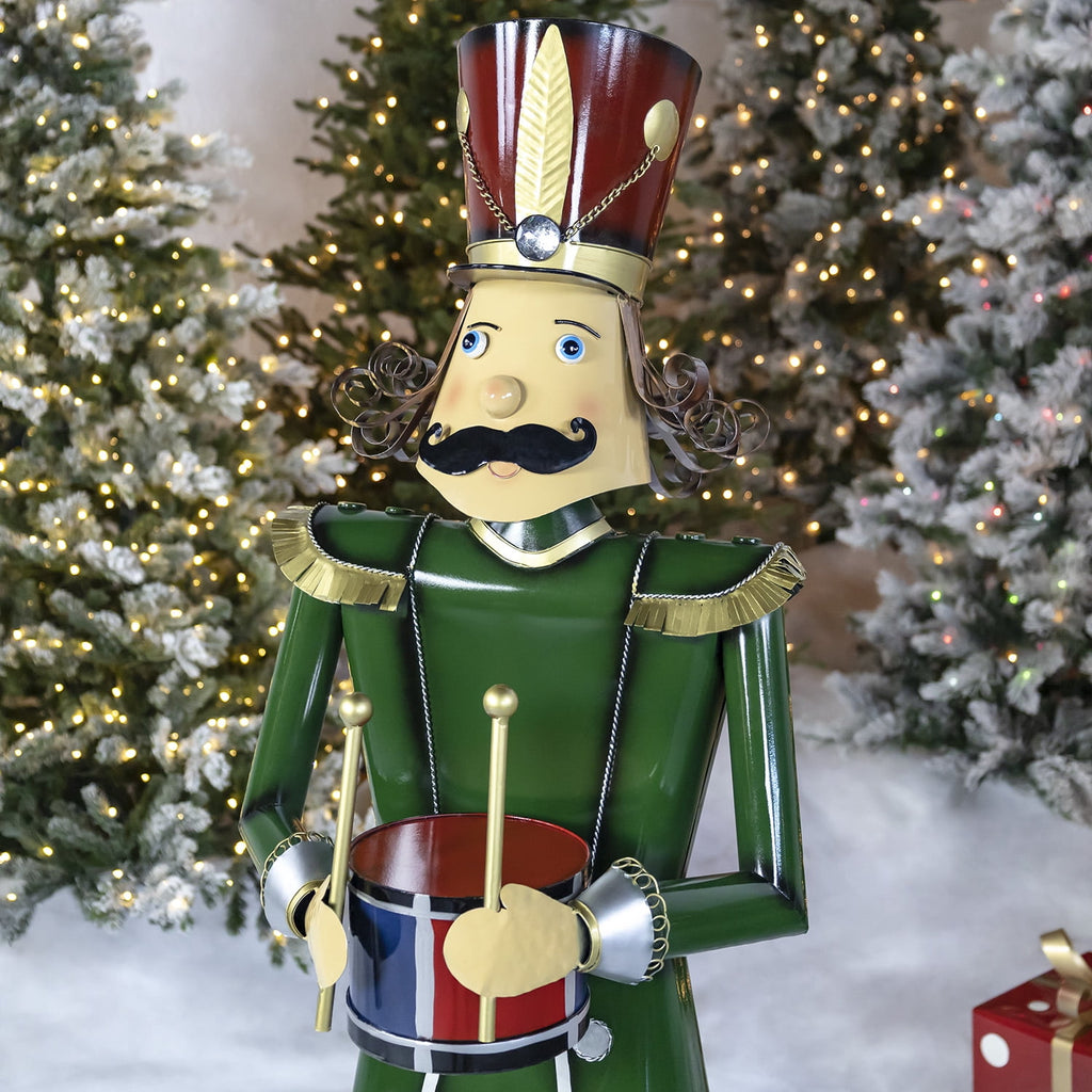 59” Tall Iron Christmas Green Nutcracker Holding Drum “Leo”
