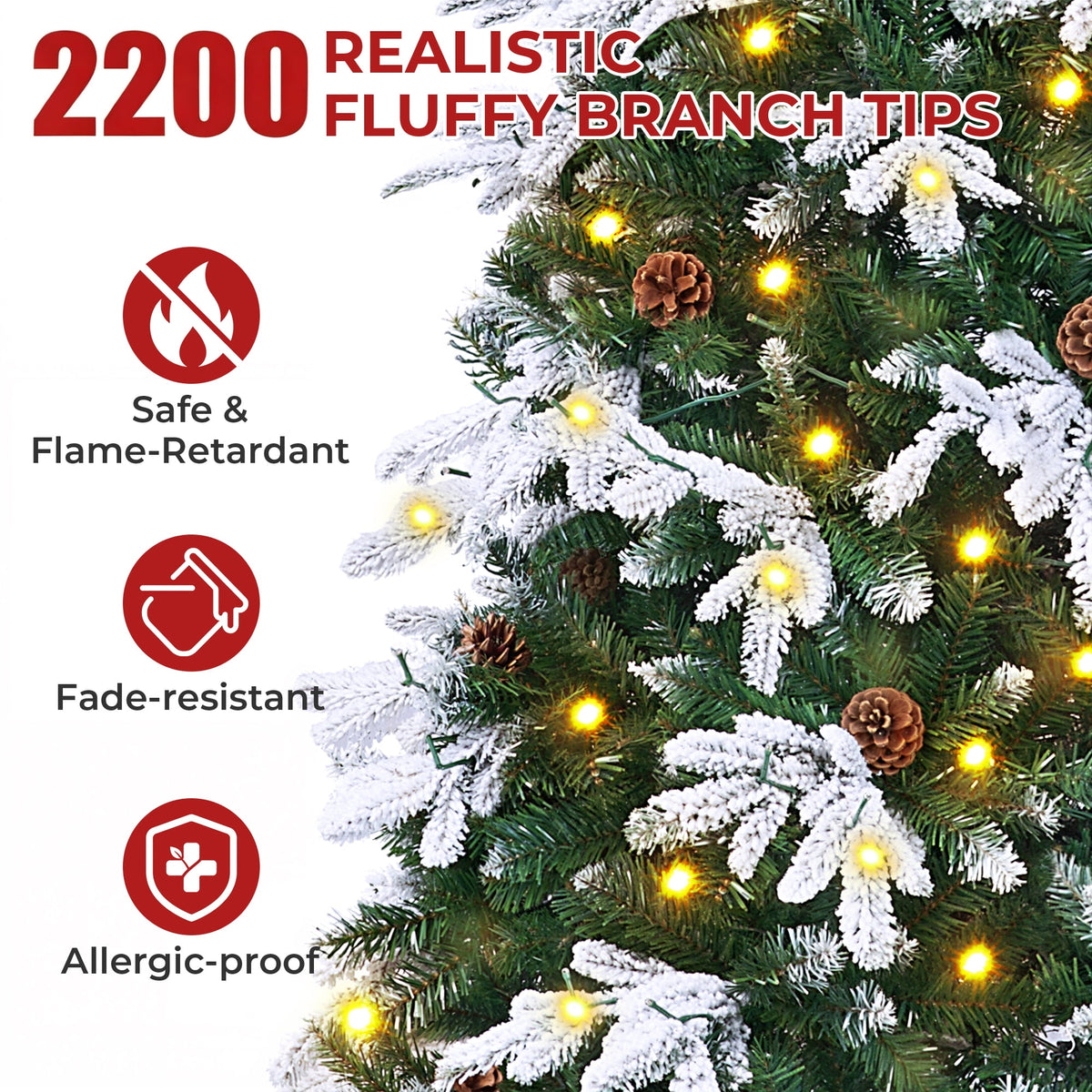Firstness 6ft Artificial Christmas Tree with 1000 Branches and 250 LED Lights, Pre-Lit Flocked Xmas Tree,11 Lighting Modes,Pine Cones