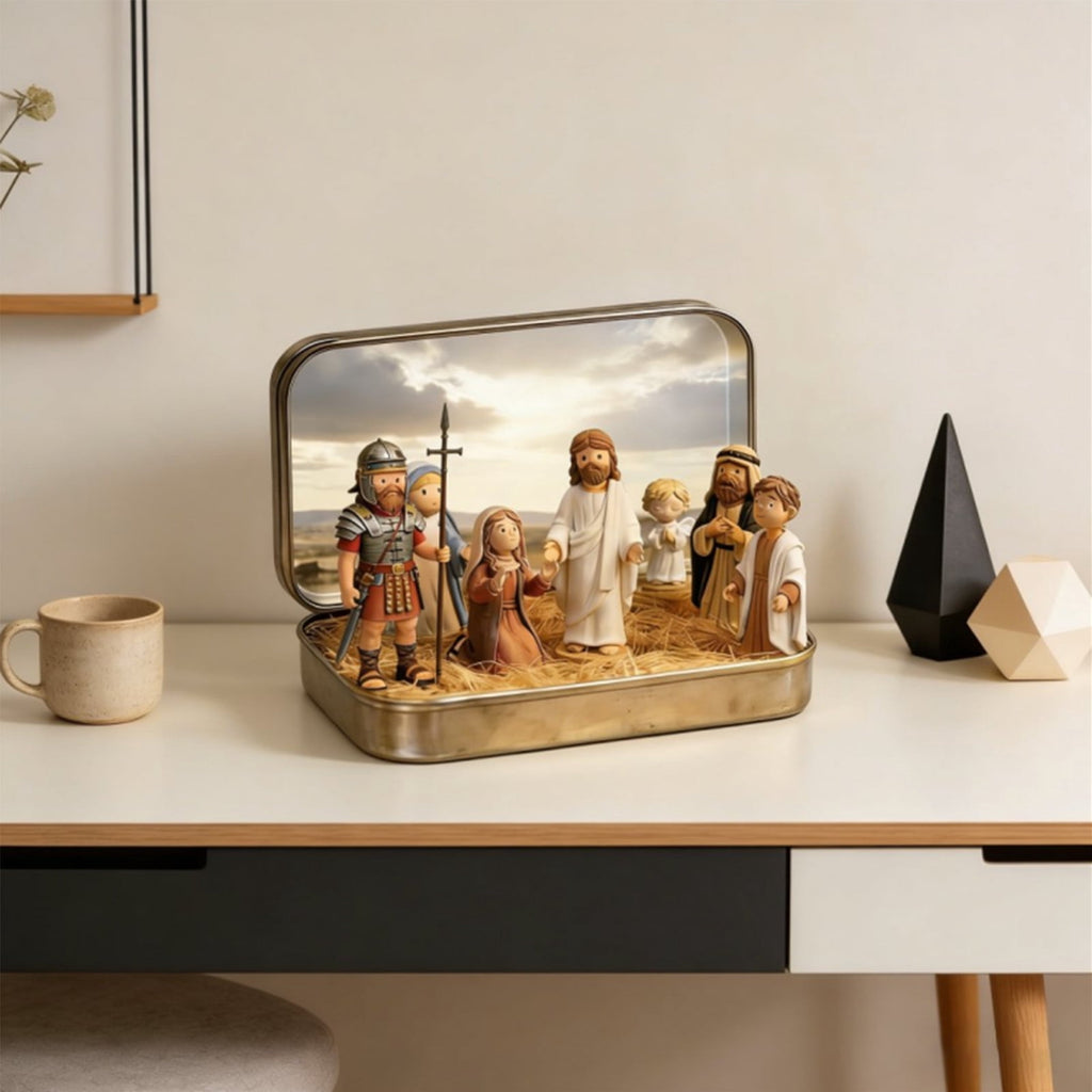 Coollooc Mini Nativity Set in a Tin Box, Handcrafted Pocket Size Nativity Scene Gift Tin, Resin Nativity Sets & Figures, Easter Decoration Indoor for Home Gifts Decor
