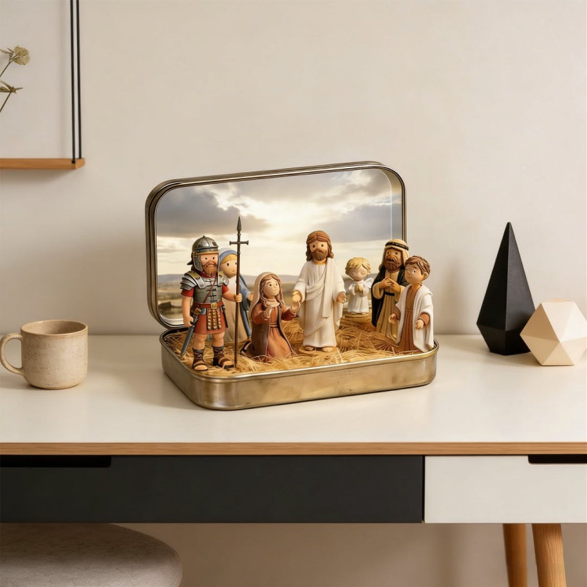 Coollooc Mini Nativity Set in a Tin Box, Handcrafted Pocket Size Nativity Scene Gift Tin, Resin Nativity Sets & Figures, Easter Decoration Indoor for Home Gifts Decor