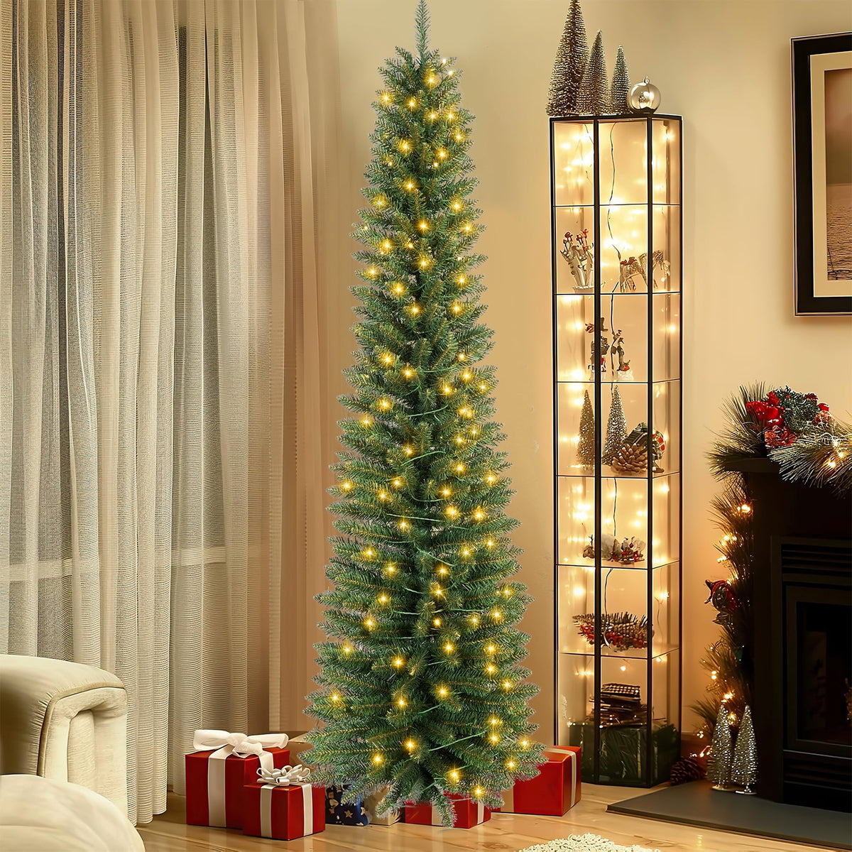 Makeatree 6 ft Pre-Lit Pencil Christmas Tree, Green Slim Skinny Spruce Xmas tree Holiday Decoration with 150 LED Lights, Metal Hinges & Foldable Base