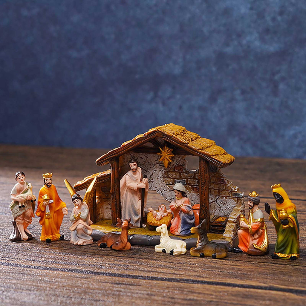 Uutvery Christmas Manger Group Ornaments with Religious Nativity Set,11 Pieces Resin Crafts for Christmas Gifts and Home Decor, Hand Painted Details for Festive Display