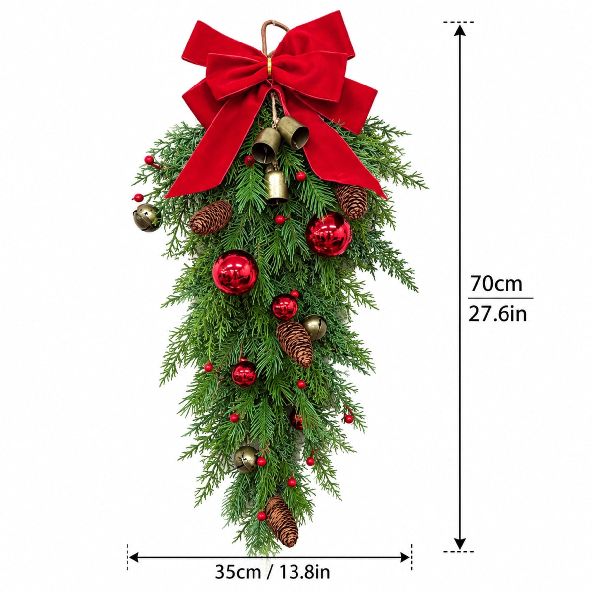 THOPBPRK Artificial Cedar Half Wreath for Front Door Christmas Decorations DIY Holiday with Bow Winter Hanging Ornament for Wall Window Home Decor, 23.6" A
