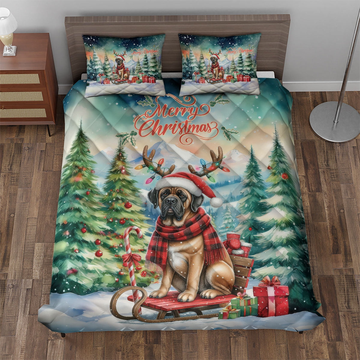 Merry Christmas Santa Reindeer Antlers French Bulldog Sleigh Xmas Winter Holiday Quilt Bedding Set Dog Lover Gifts 1 Blanket Bed Cover 2 Pillowcases - 00023