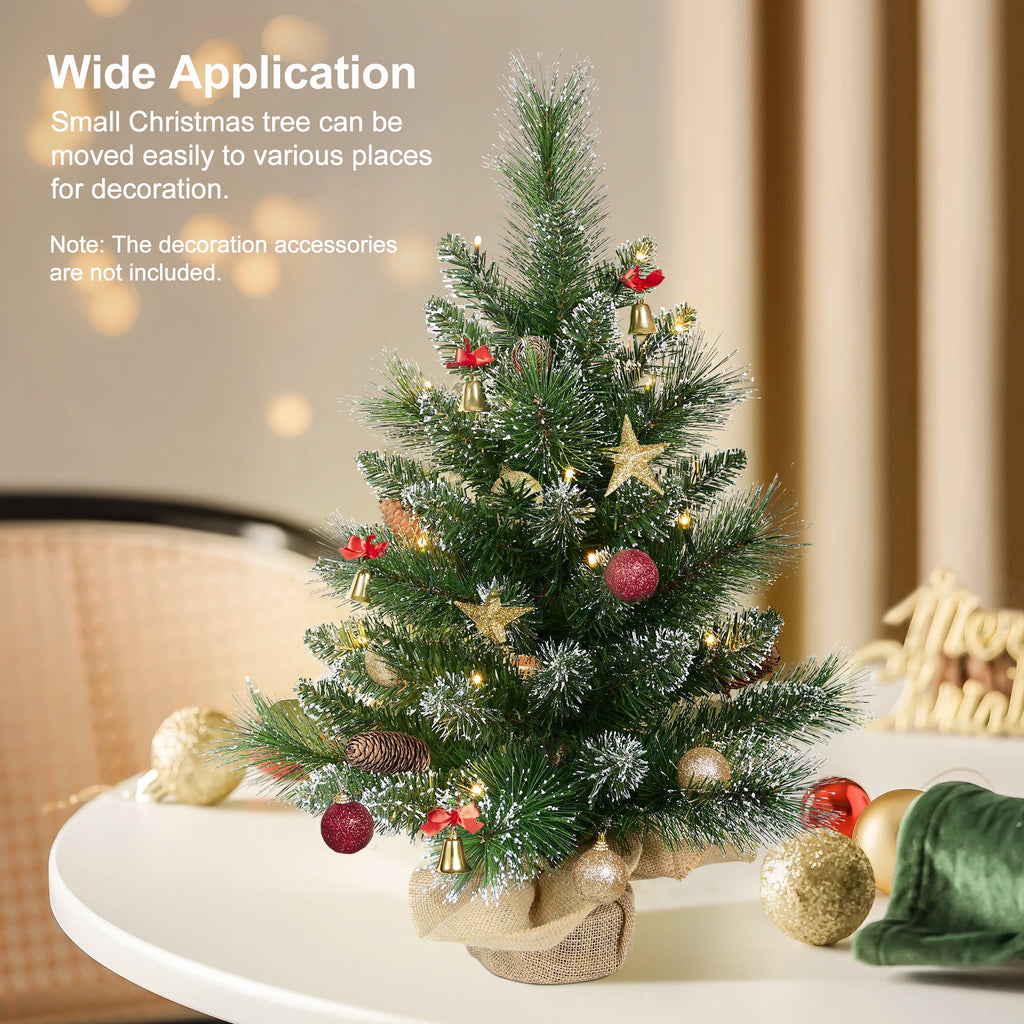 Bringstar 2FT Pre-Lit Artificial Mini Christmas Tree, Snow Tipped Tabletop Xmas Tree with 35 LED Lights, Pine Cones & Burlap Base