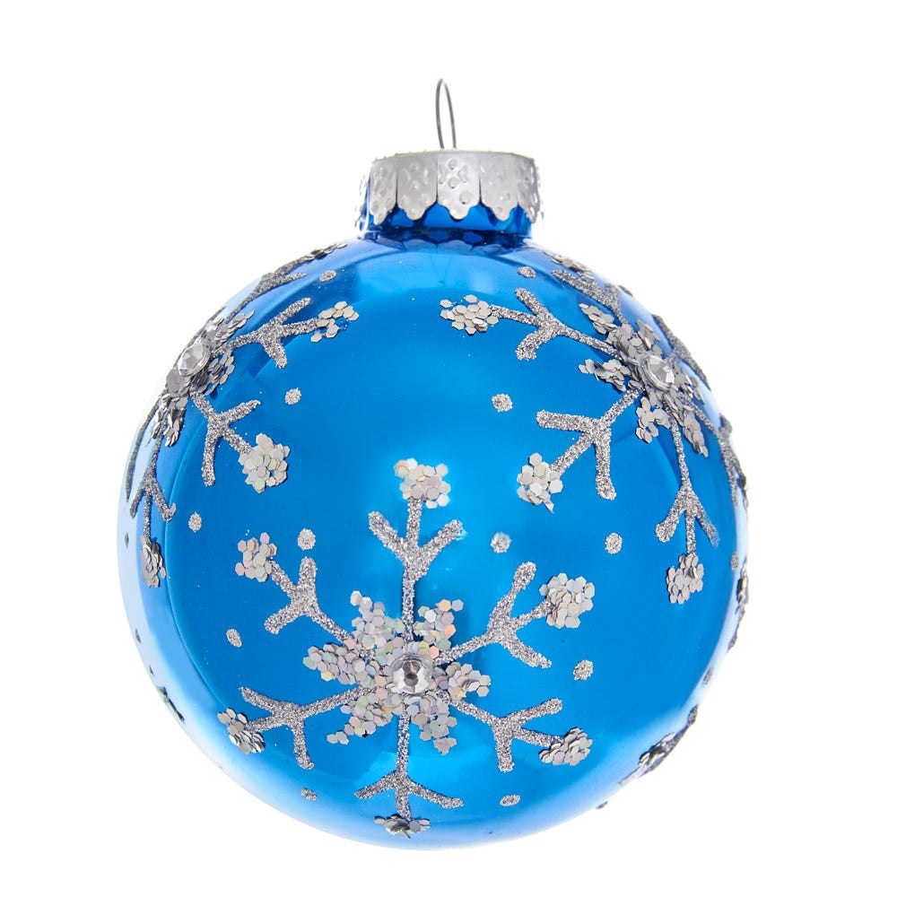 Kurt Adler 80MM Blue and Silver Glitter Snowflake Glass Ball Ornaments, 6 Piece Box - 3.15"