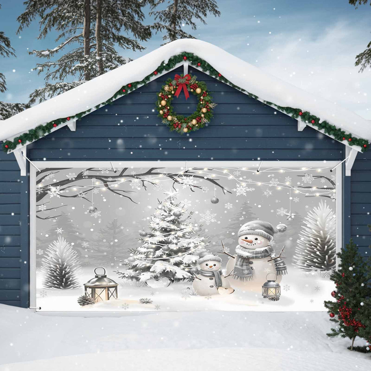 Fsddascl 7 x 16 Ft Christmas Garage Door Cover, Black Christmas Tree Large Garage Door Banner, Xmas Snowflake Green Golden Hanging Garage Mural Background for Indoor Outdoor Xmas Party Supplies