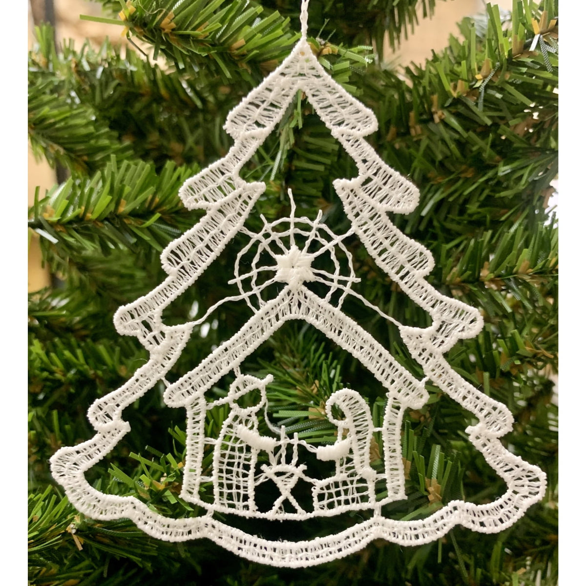 Pinnacle Peak Trading Nativity Scene Inside Christmas Tree White Lace Hanging Ornament Set of 6