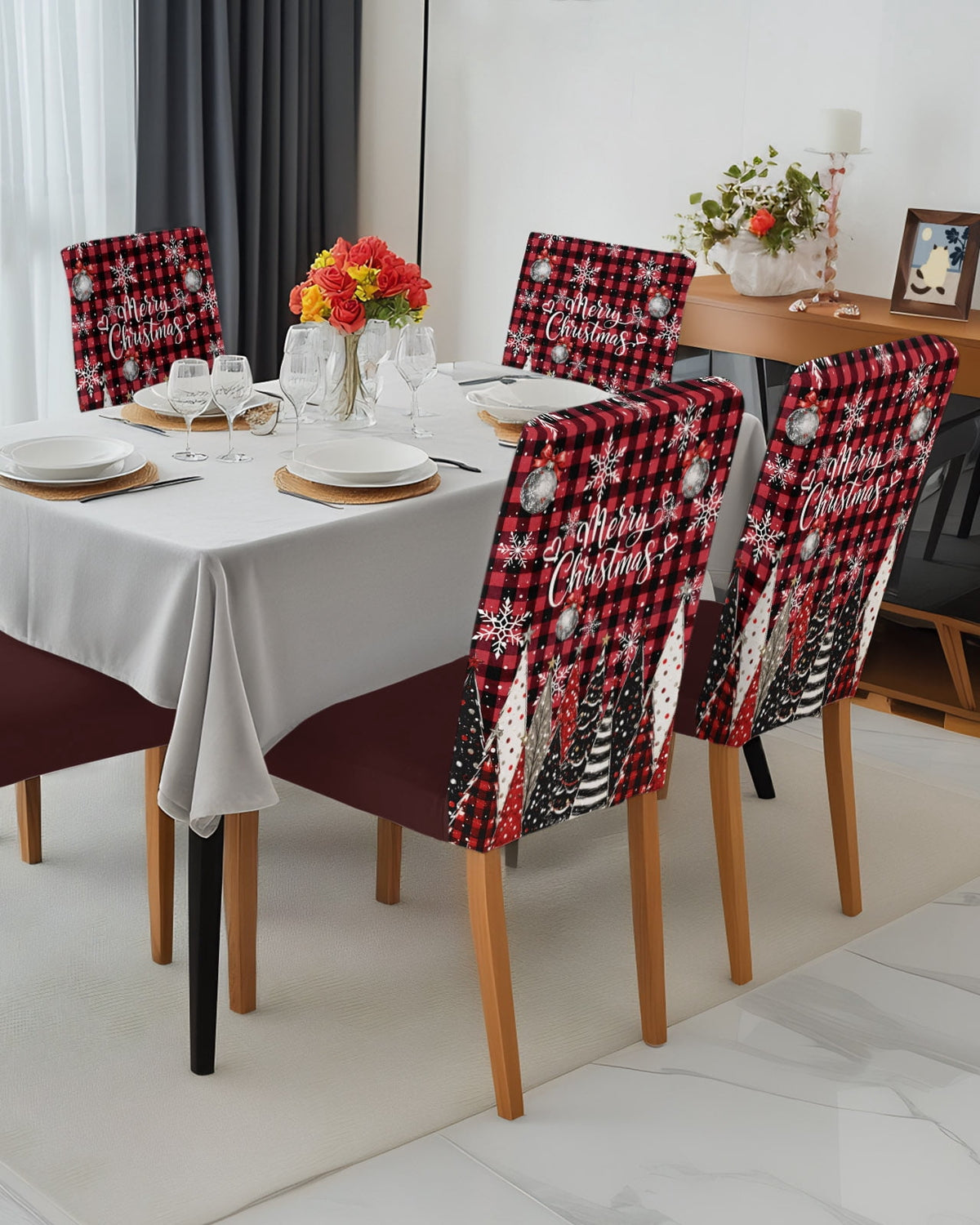 Merry Christmas Dining Chair Covers Set of 8, Winter Farmhouse Pine Tree Snowflake Red Plaid Chair Covers for Dining Room Removable Seat Protectors Slipcovers for Home Party Wedding Banquet