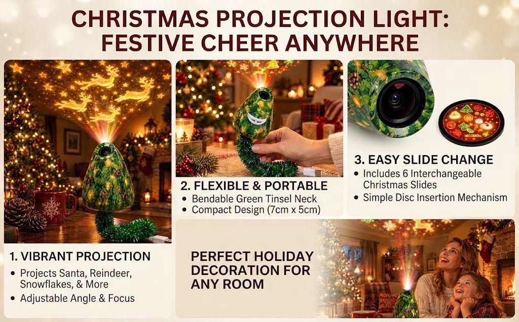 Magical Christmas Projection Night Light, USB Powered Holiday Projector with Festive Wall and Ceiling Effects for Bedroom, Living Room and Christmas Party Ambiance