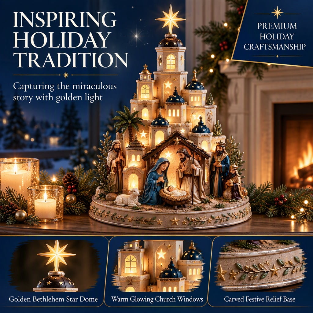 Bethlehem Star of Faith Lighted Nativity Tabletop Decor, Nativity Set, Nativity Sets and Figures, Lighted Church Tower, Warm LED
