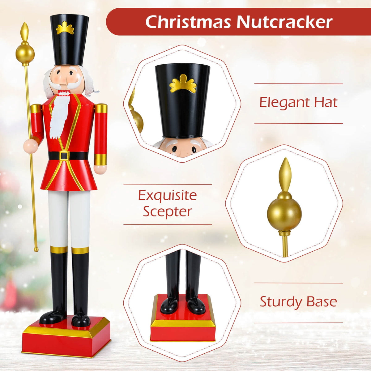 Costway 4’ Christmas Nutcracker with High Hat & Beautiful Scepter, Uniform & Boots for Yard Black+Red