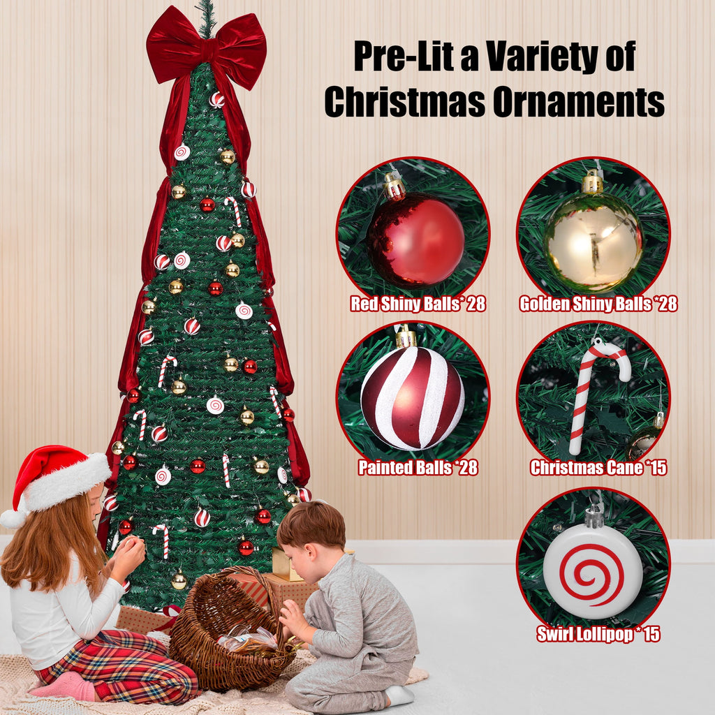 Firstness Christmas Tree 7.5FT, Pop up Pre Decorated Pre Lit Artificial Xmas Tree with 350 LED Lights, Large Bow & Ornaments, Lighted Christmas Tree with Storage Bag, Easy Installation
