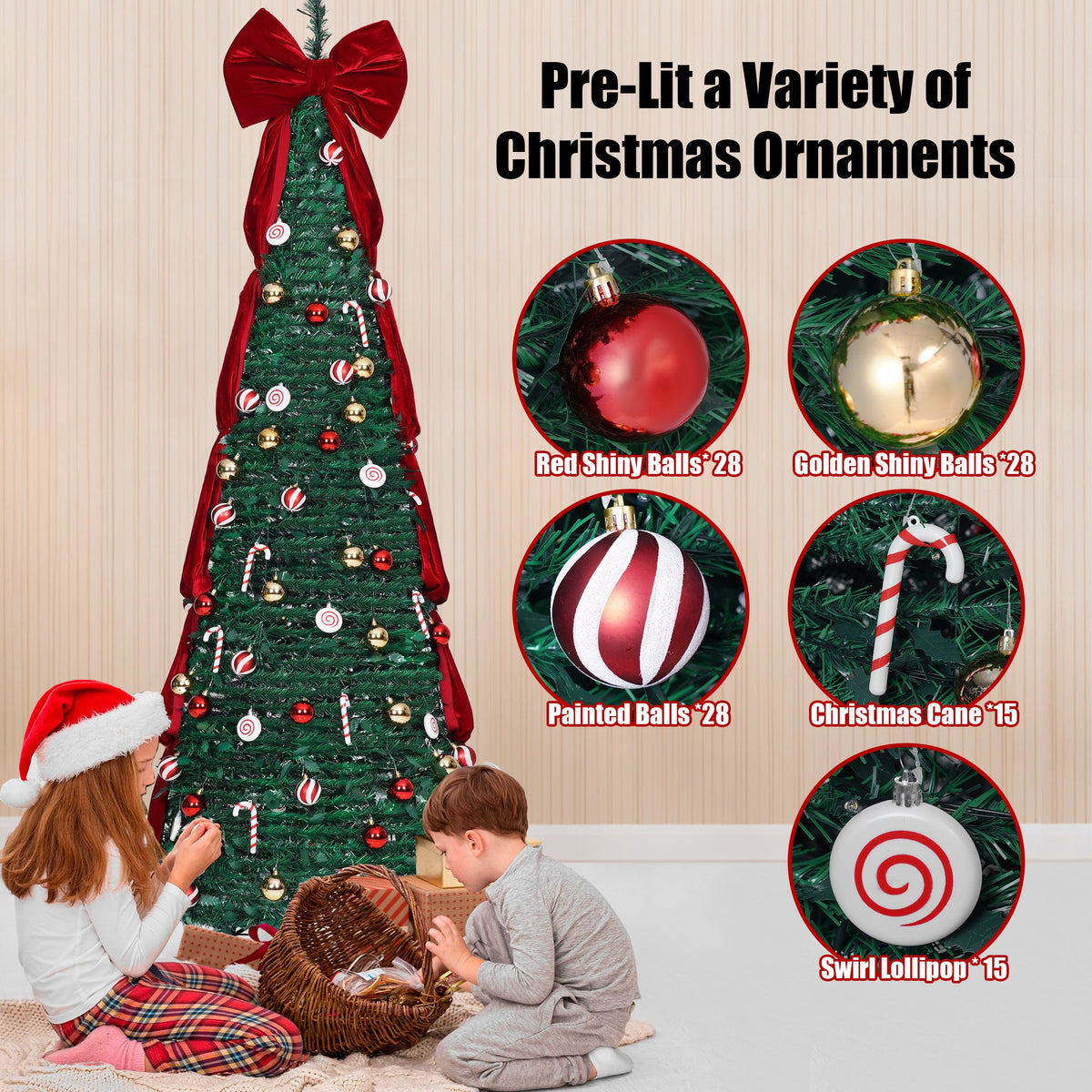 Firstness Christmas Tree 7.5FT, Pop up Pre Decorated Pre Lit Artificial Xmas Tree with 350 LED Lights, Large Bow & Ornaments, Lighted Christmas Tree with Storage Bag, Easy Installation