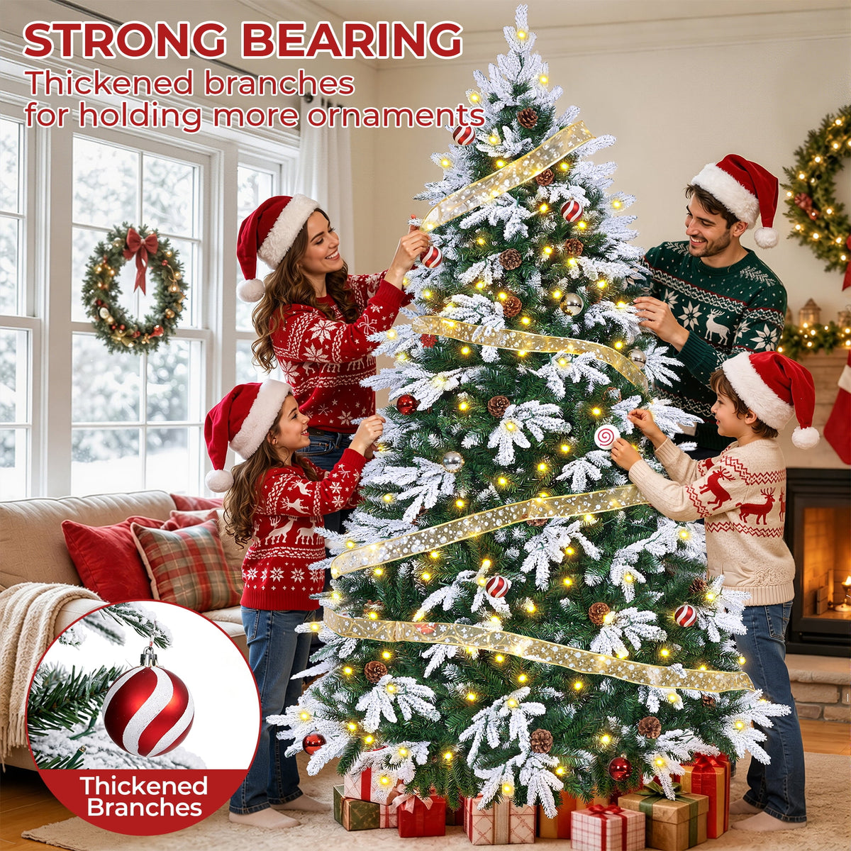 Firstness 6ft Artificial Christmas Tree with 1000 Branches and 250 LED Lights, Pre-Lit Flocked Xmas Tree,11 Lighting Modes,Pine Cones