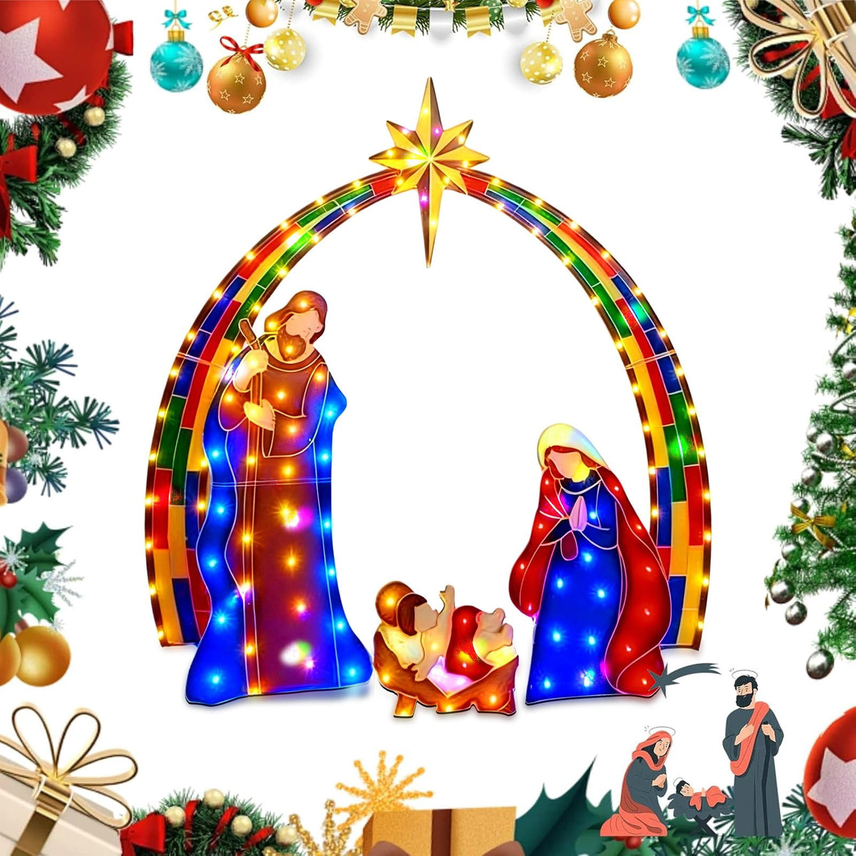 Lighted Nativity Scene, Outdoor Christmas Nativity Table Decor Set, Mini Lighted Christmas Scene Decoration for Holiday Winter Lawn, Garden & Indoor Tabletop