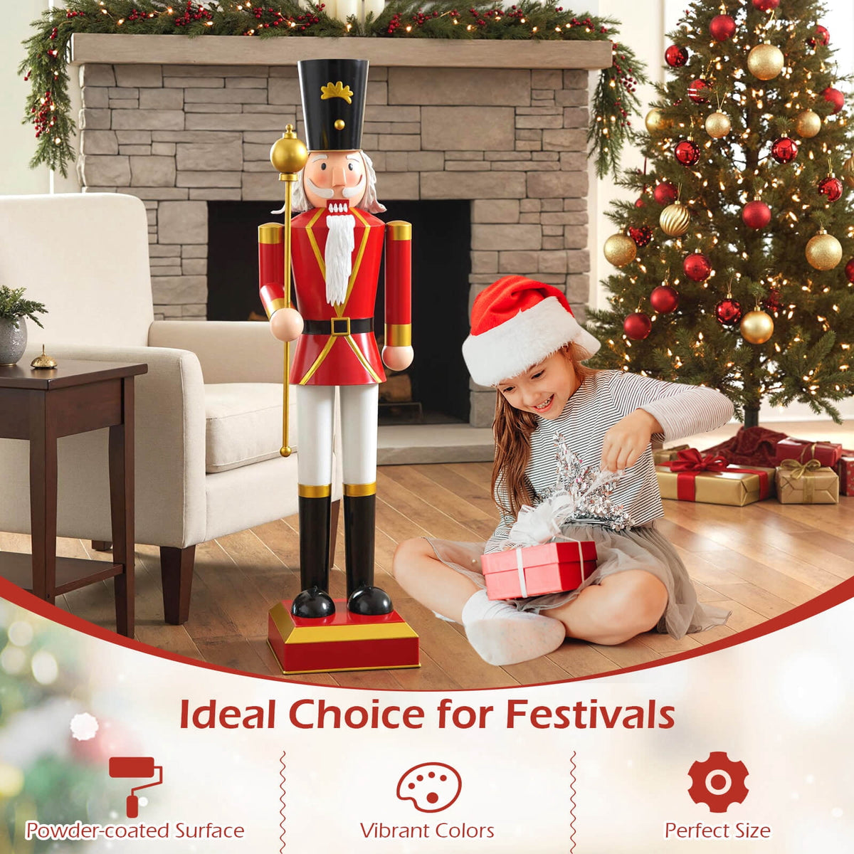 Costway 4’ Christmas Nutcracker with High Hat & Beautiful Scepter, Uniform & Boots for Yard Black+Red