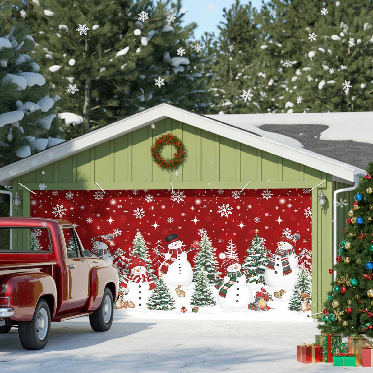 Fsddascl 7 x 16 Ft Christmas Garage Door Cover, Black Christmas Tree Large Garage Door Banner, Xmas Snowflake Green Golden Hanging Garage Mural Background for Indoor Outdoor Xmas Party Supplies