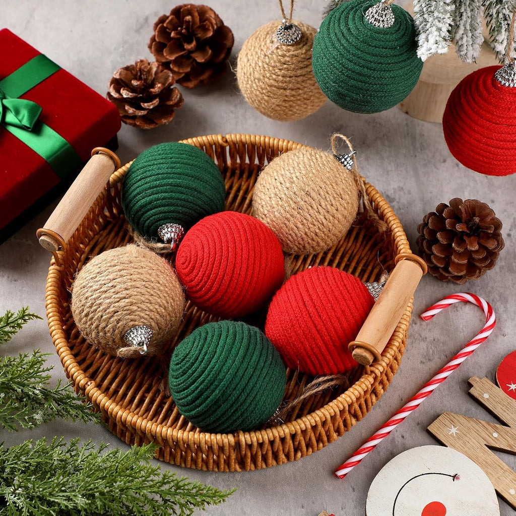 9Pcs 9 Pcs 2.36 Inch Christmas Ball Ornaments Farmhouse Jute Rope Hanging Balls Burlap Neutral Rustic Ornaments for Xmas Tree Holiday Wreath Garland Wedding Home(White,Beige,Dark Brown)