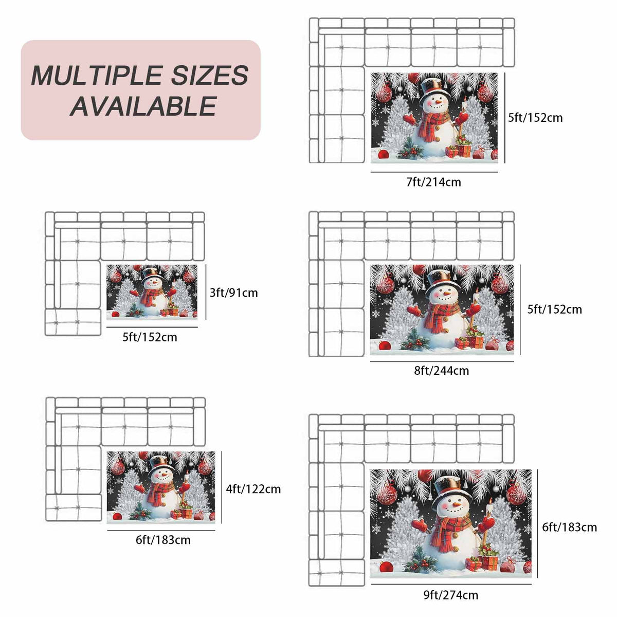 Grey Snowman Christmas Outdoor Rug for Patio/Deck/Porch, Non-Slip Large Area Rug 4 x 6 Ft, Xmas Tree Red Balls Snowflake Indoor Outdoor Rugs Washable Area Rugs, Reversible Camping Rug Carpet Runner