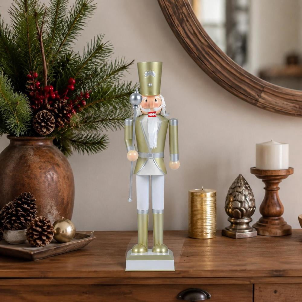Christmas Nutcracker with High Hat, Scepter, Hidden Storage Compartment, 32.5 Inch, White and Golden