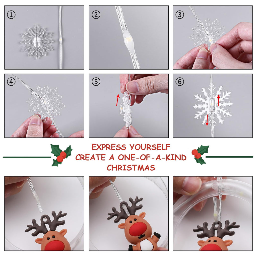 WILLED Christmas String Lights, 120 LED Window Curtain Lights with Christmas Ornaments, 9.8ft USB Powered Warm White Waterproof Fairy Lights Indoor Outdoor for Xmas Tree Patio Garden Party Home Decor
